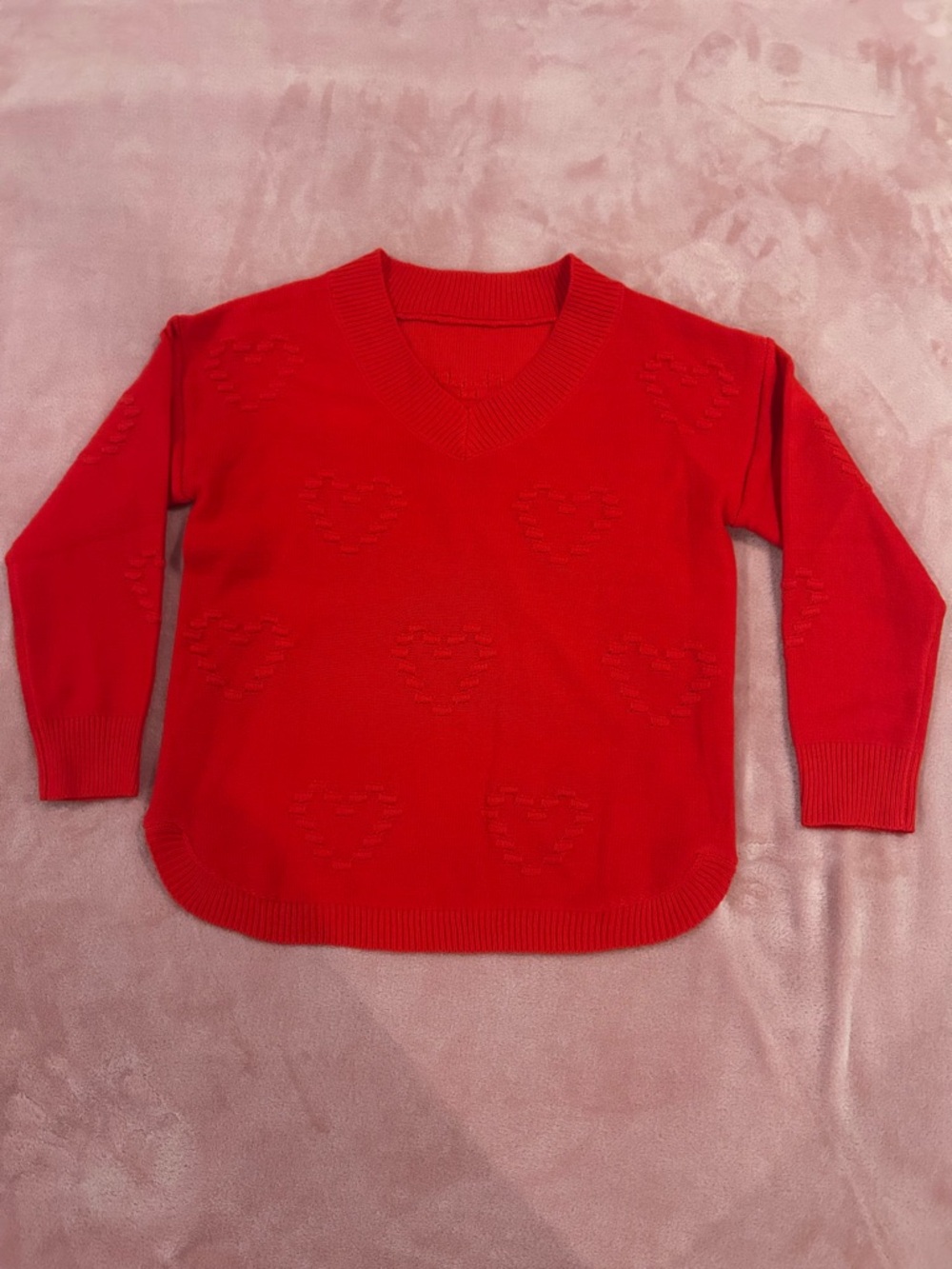 Red V-Neck Heart Pattern Women's Sweater